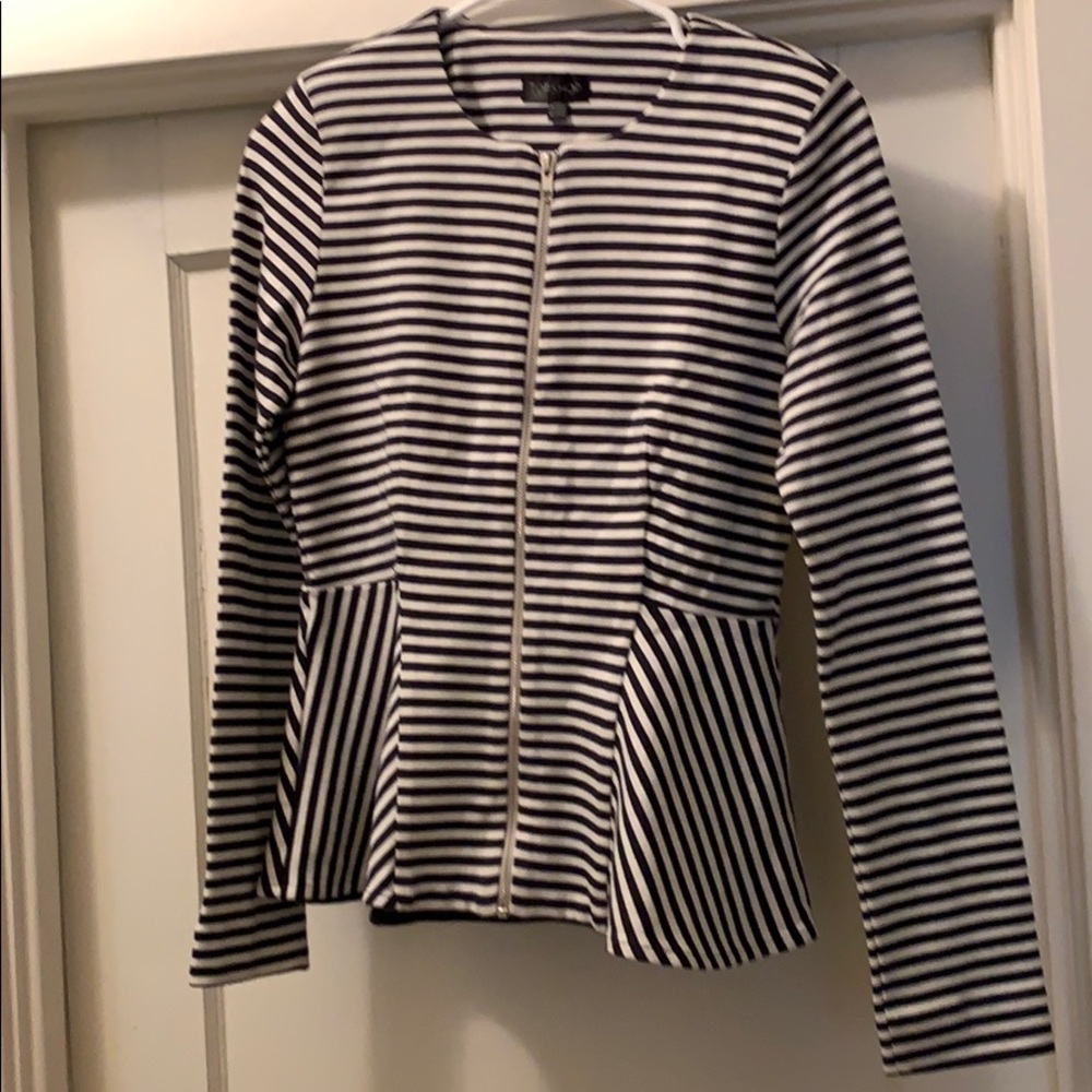 navy white striped peplum zip jacket